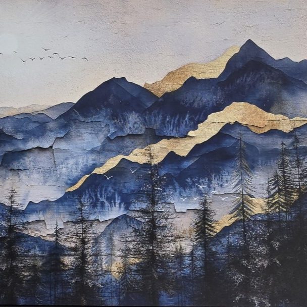 Berglandschaft mit blauen und goldenen Farbtönen, umgeben von dunklen Silhouetten von Bäumen.