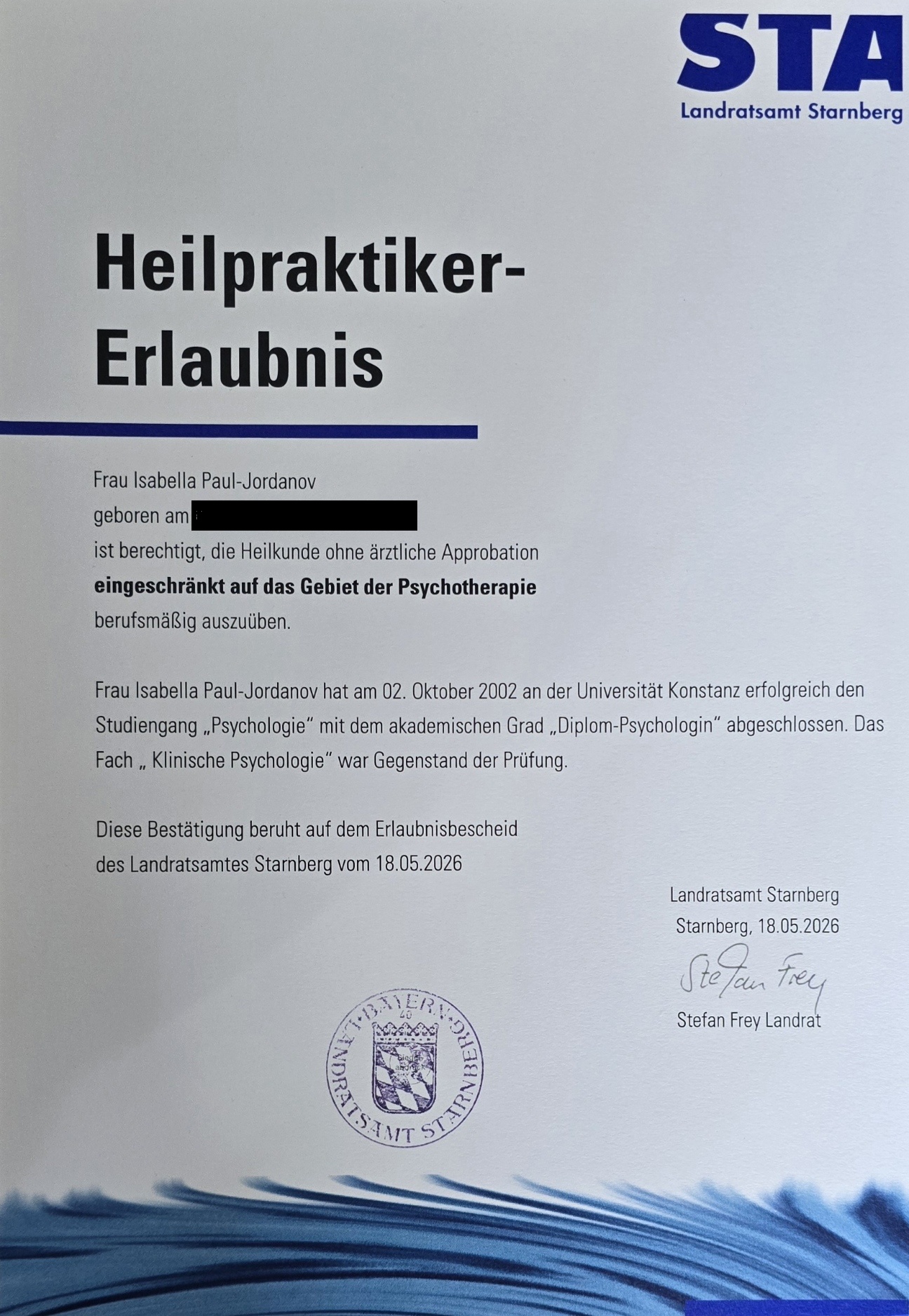 Erlaubnis zur Ausübung der Heilkunde beschränkt auf Psychotherapie