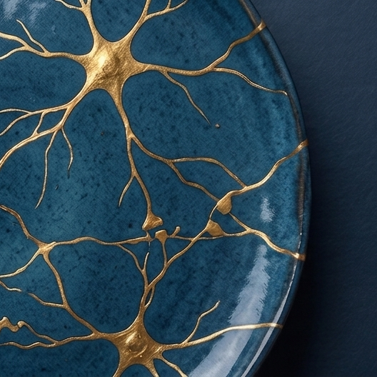 GOLDGRUND Psychotherapie Starnberg Goldene Neuronen auf blauem Grund.